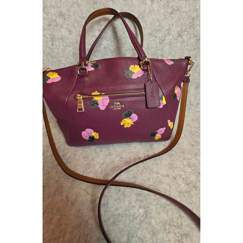 Coach Kelsey Satchel Plum Purple Floral Pebble Leather Crossbody Handbag